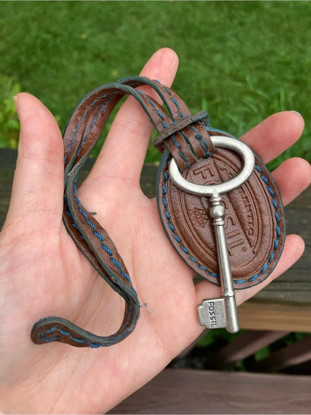 Vintage Fossil Leather Bag Charm Key Fob Brown Blue Stitching Skeleton Key